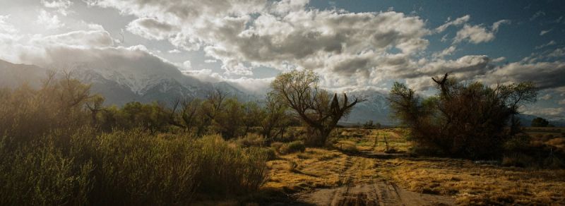Snow-capped mountains rise behind scrub brush and a dirt path under dramatic cloudy skies.