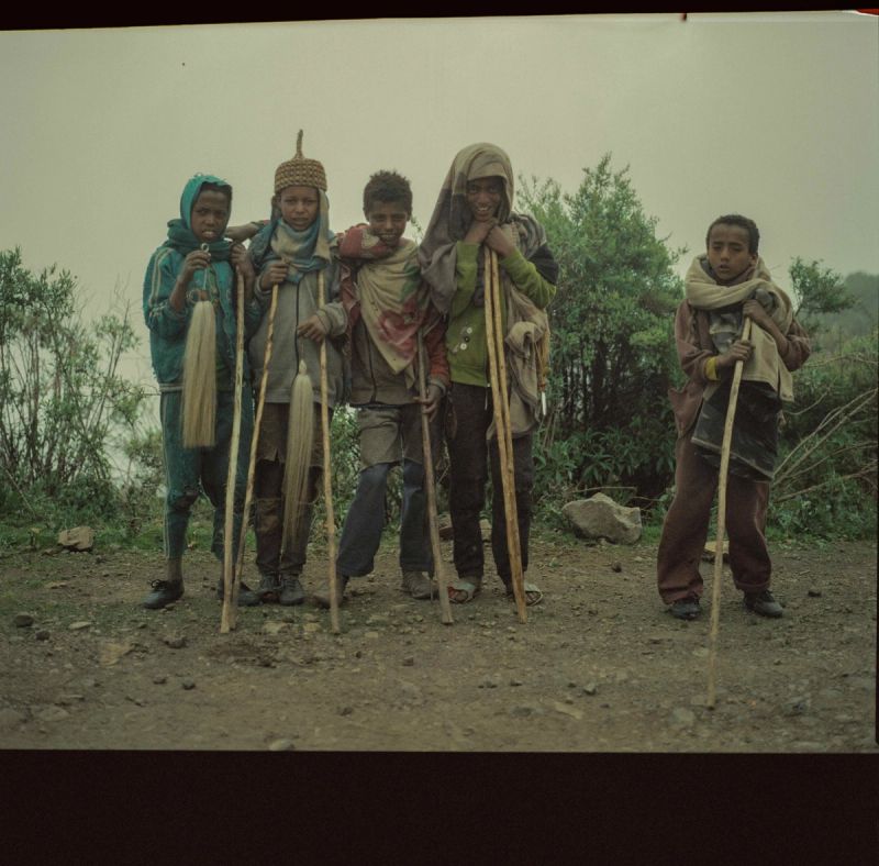Film photography of five children holding brooms and sticks in a rural outdoor setting.