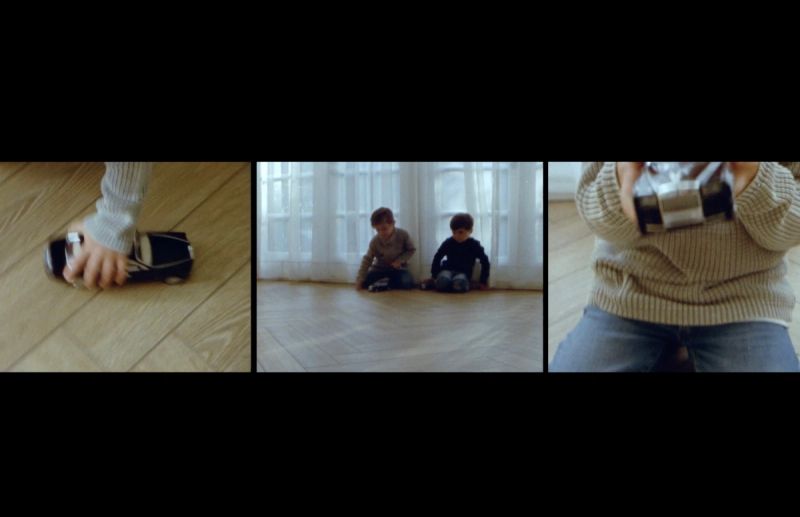 Triptych showing a hand pushing a toy car, boys sitting on a floor, and a cinematographer with a vintage camera.
