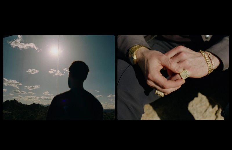 Director Alex Nazari silhouetted against sky and close-up of hands with gold jewelry for Rolls Royce.