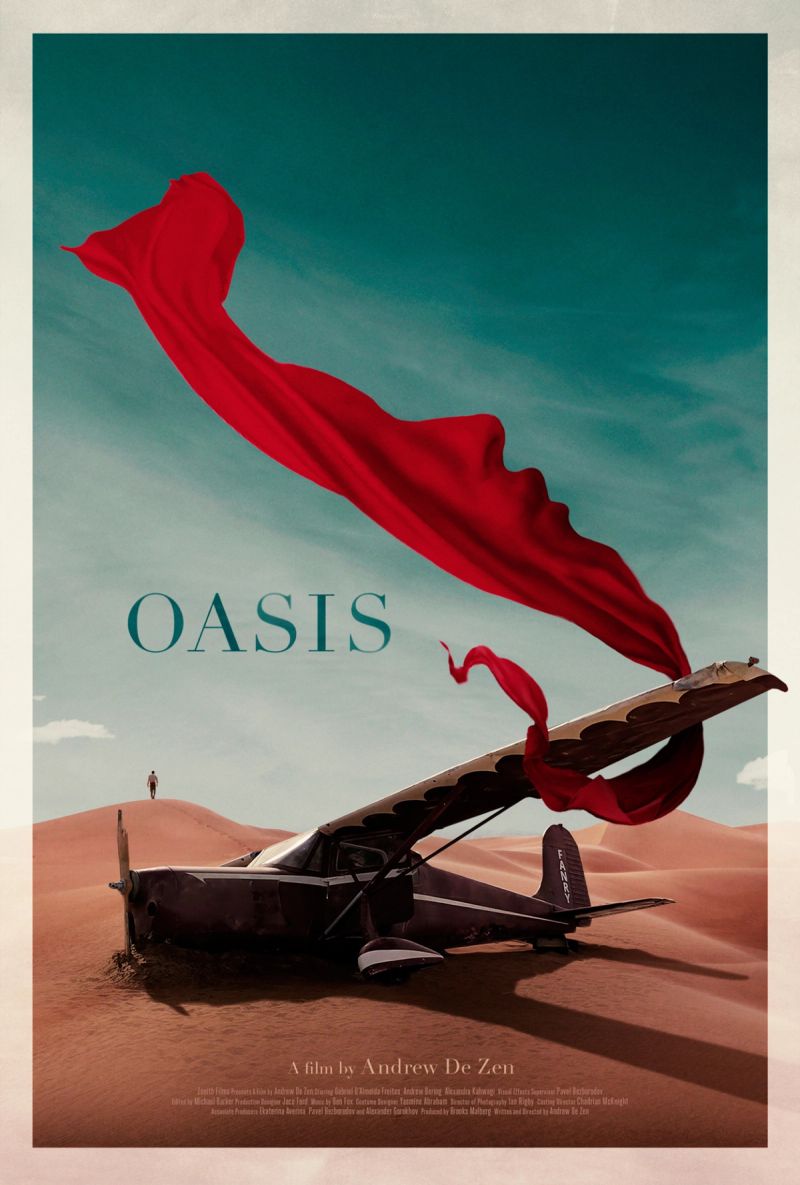 Desert landscape with vintage plane and flowing red fabric under teal sky