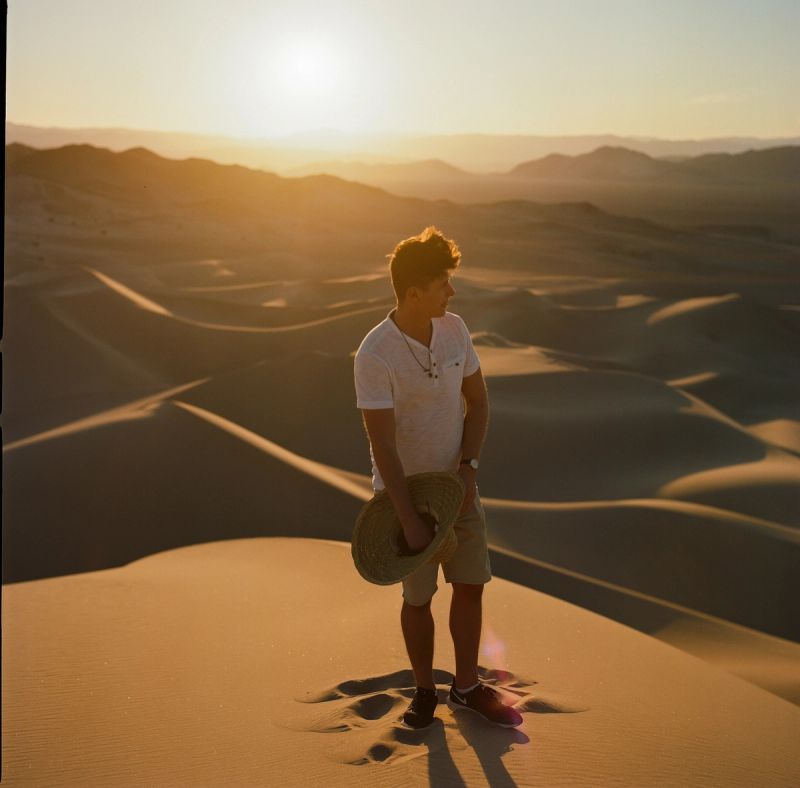 Man stands on golden desert dunes at sunset holding a straw hat