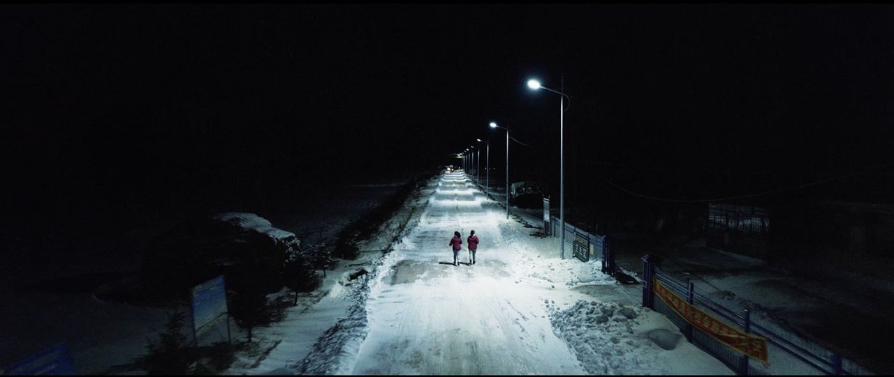 Two figures walk down a snow-covered road at night under streetlights