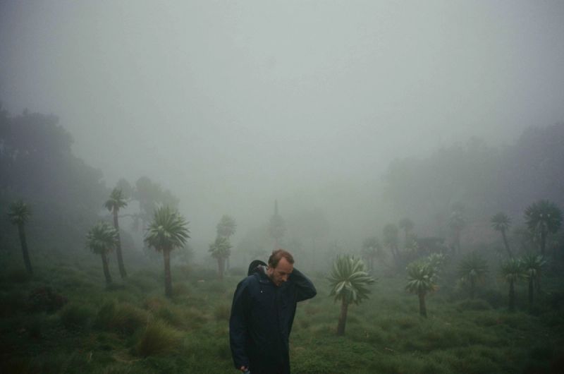 Man in blue jacket walks through misty green landscape with palm trees, Lufthansa Ethiopia.