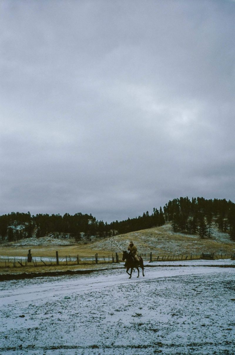 A lone rider on horseback traverses a snowy field with pine trees under an overcast sky.