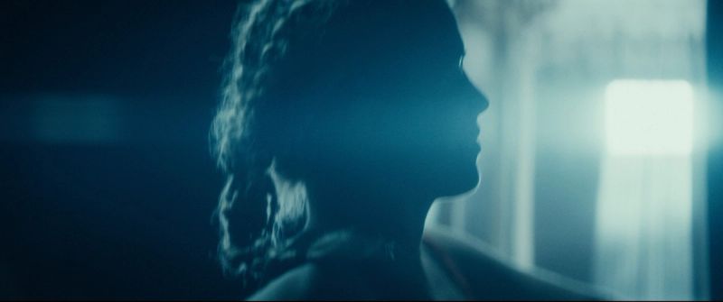 Profile of Olympic wrestler Helen Maroulis looking out a window in moody blue lighting.