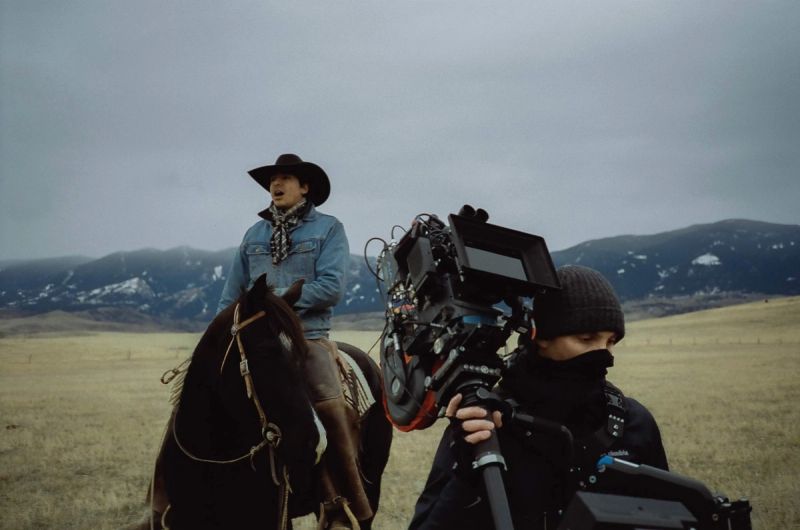 Ian Rigby on horseback in mountainous landscape, filmed by Keenan Wetzel with Steadicam