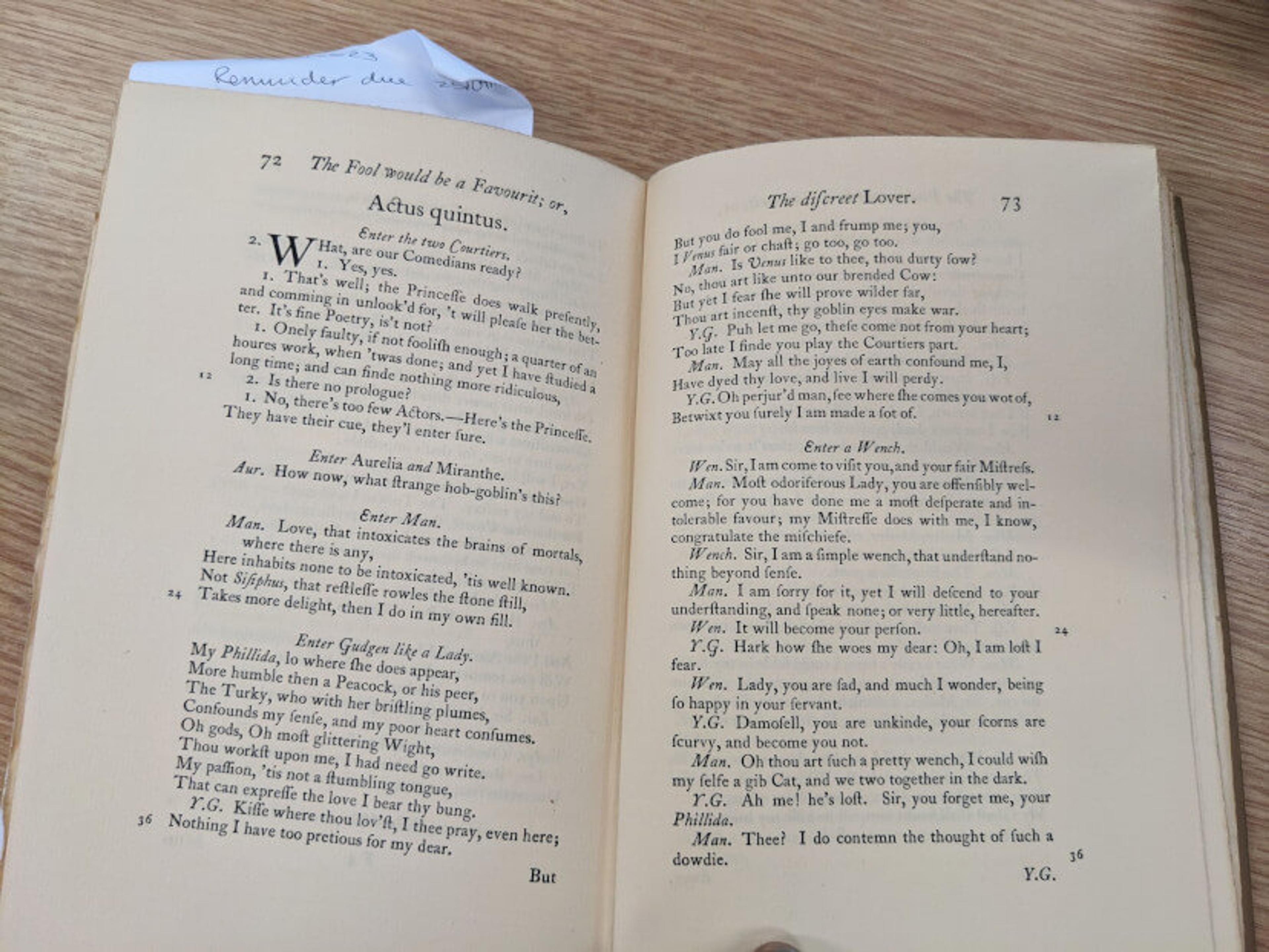 The first two pages of Act V of Lodowick Carlell's 'The Fool would be a Favourit' (sic)
