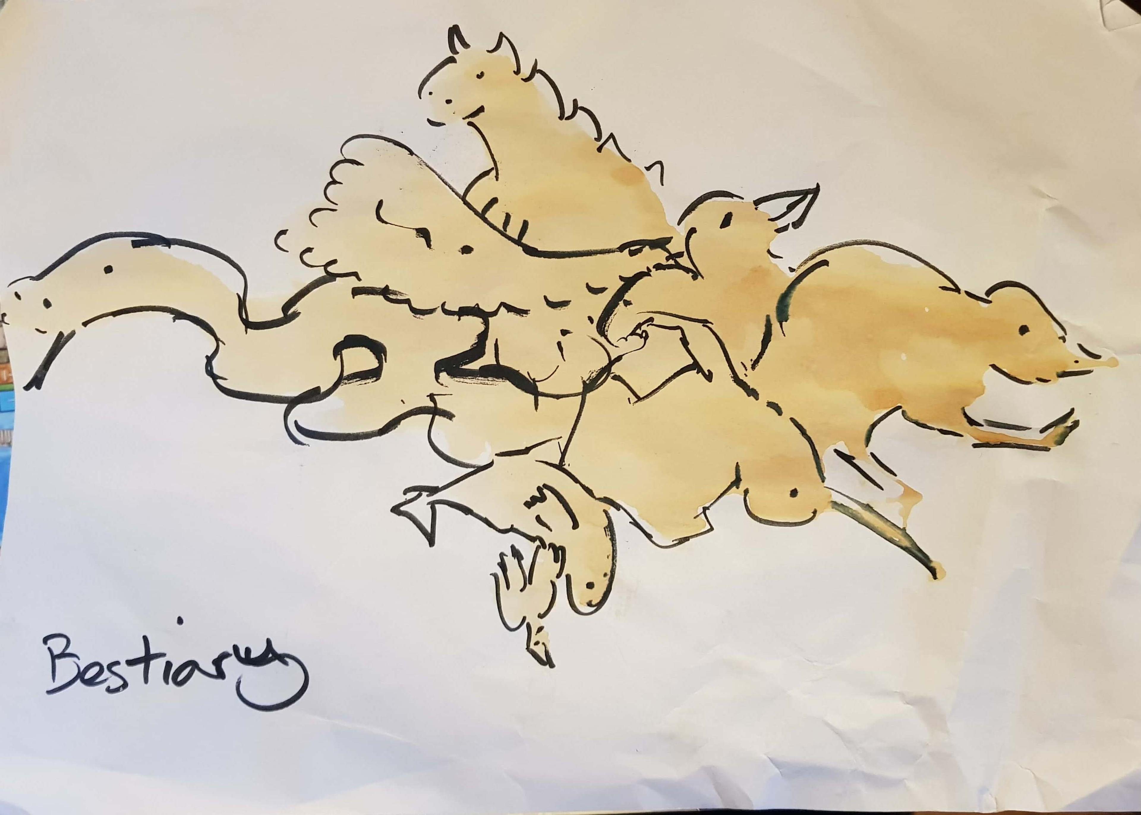 A coffee stain on paper which has been turned into a drawing of various animals