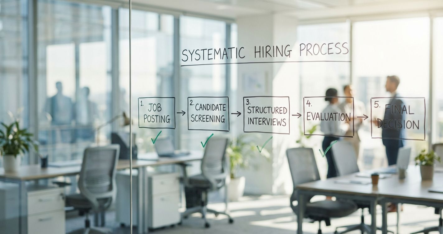 Whiteboard showing a structured 10-phase hiring process diagram