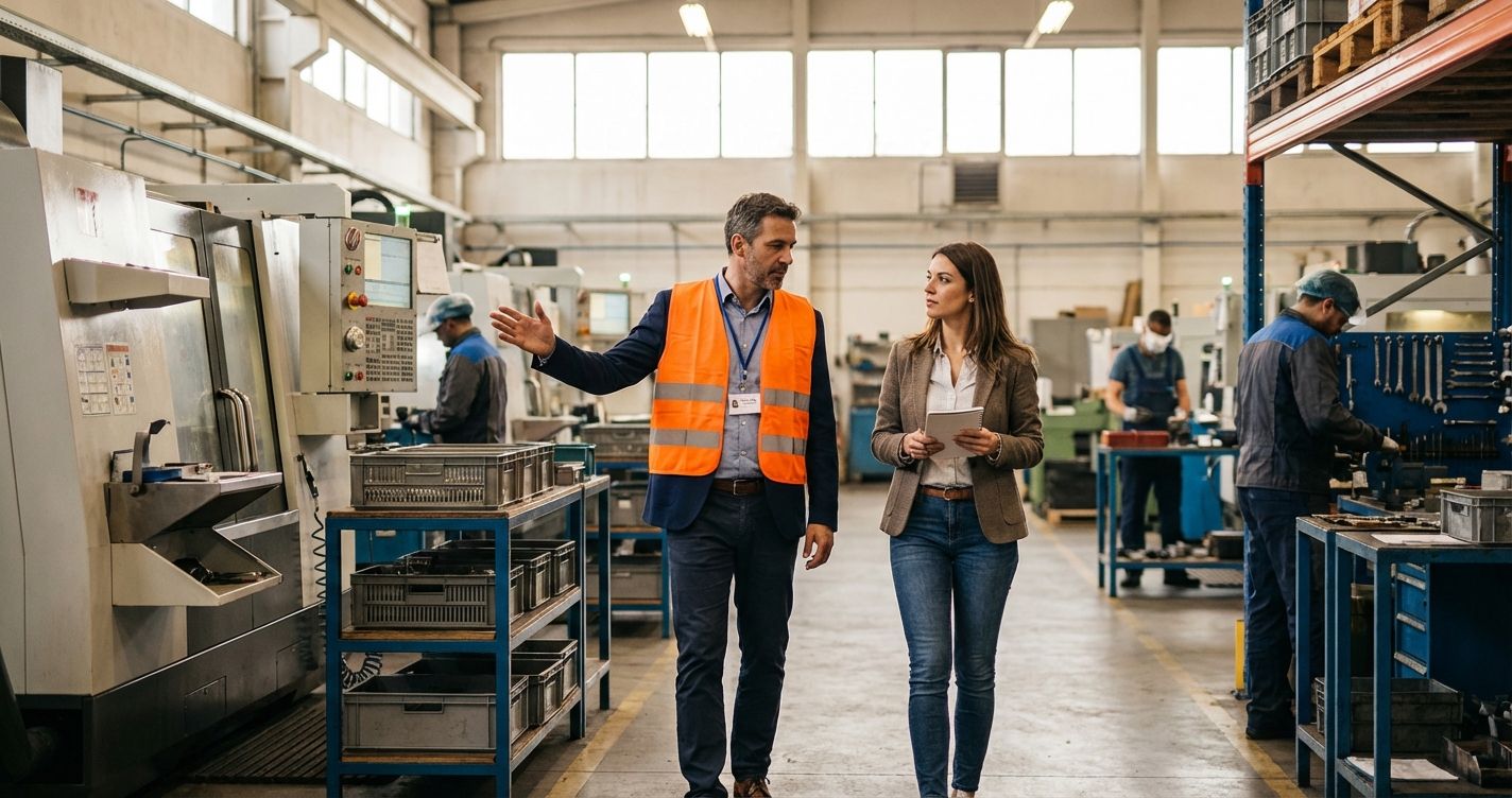 Hiring manager leading a job candidate on a tour through an active workplace facility
