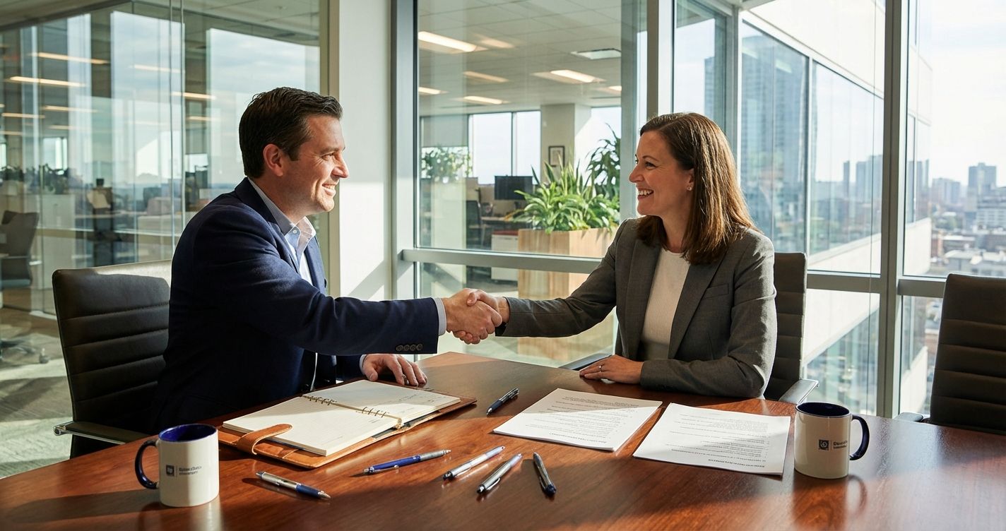 Hiring manager conducting a second interview with a candidate in an office setting