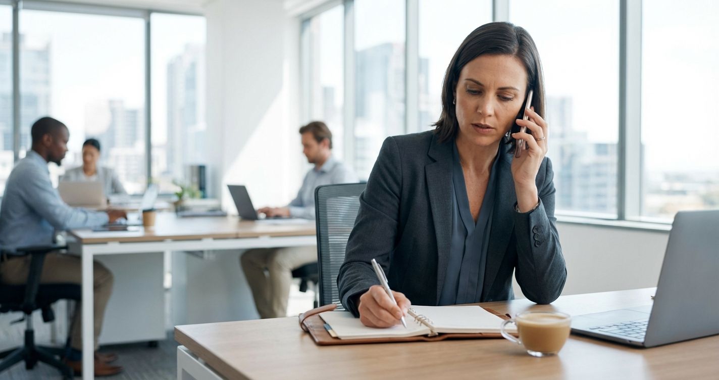 Hiring manager on a phone screen call taking notes at a desk