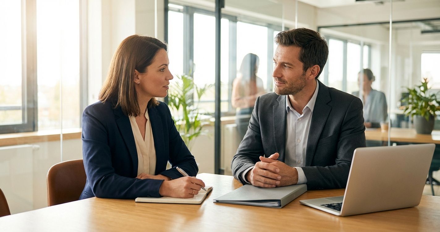 Two professionals in a job interview discussing behavioral questions across a conference table