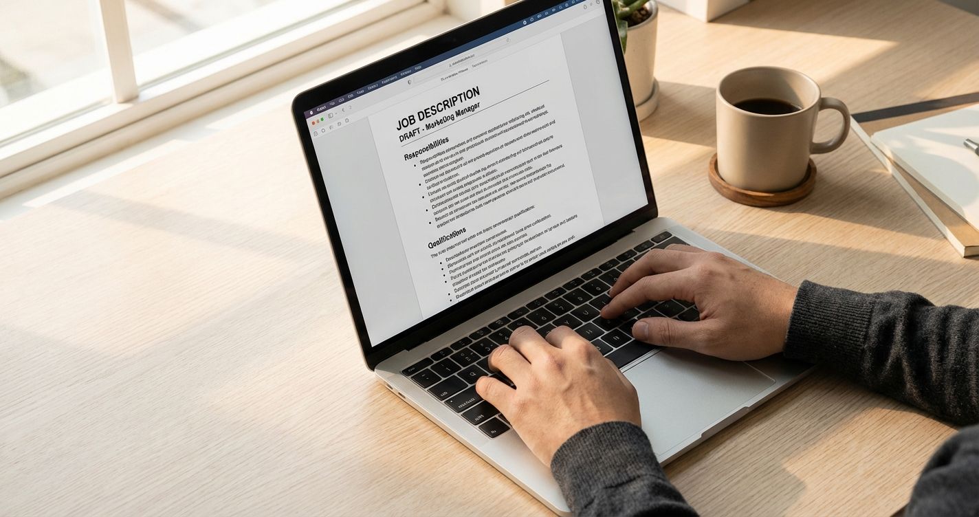 Hands typing a job description on a laptop keyboard at a clean desk