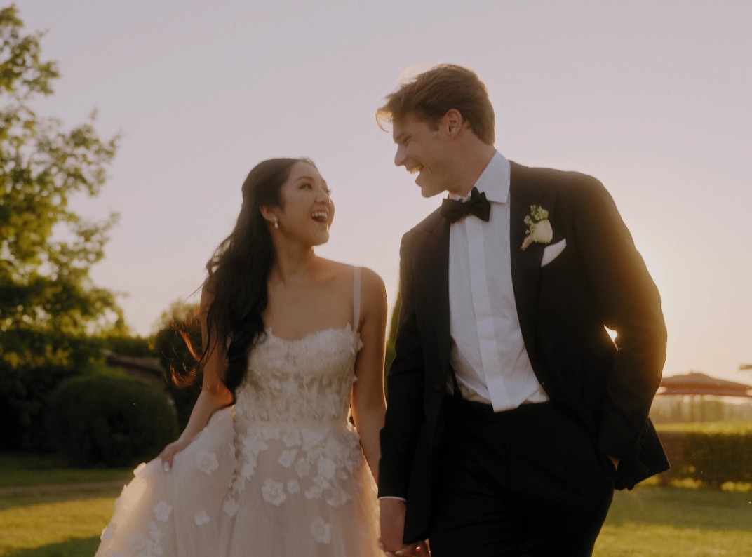 Aurora and Clark at golden hour on the vineyard grounds of Casale del Gallo in the Roman countryside, Italy