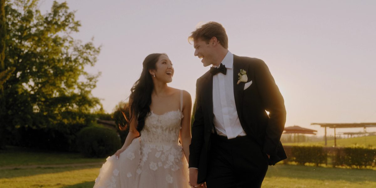 Aurora and Clark at golden hour on the vineyard grounds of Casale del Gallo in the Roman countryside, Italy