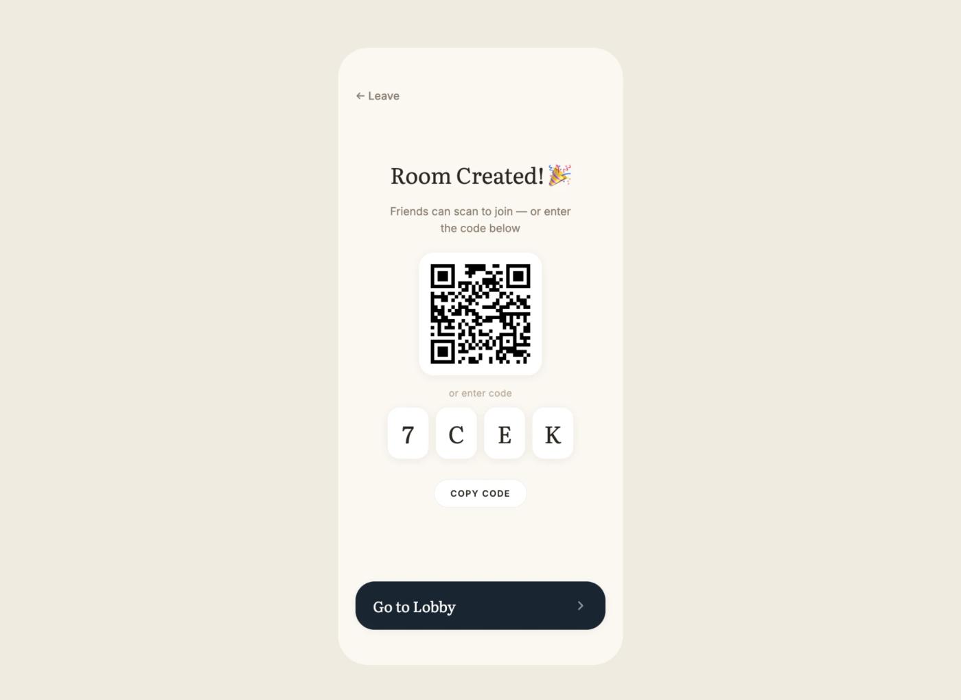 Room created screen with a large QR code and a four-letter room code