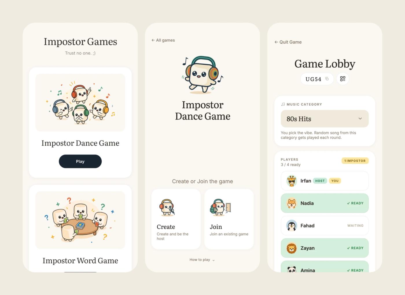 Three phone screens of Impostor Games: the hub, the Impostor Dance Game home, and a game lobby with animal avatars