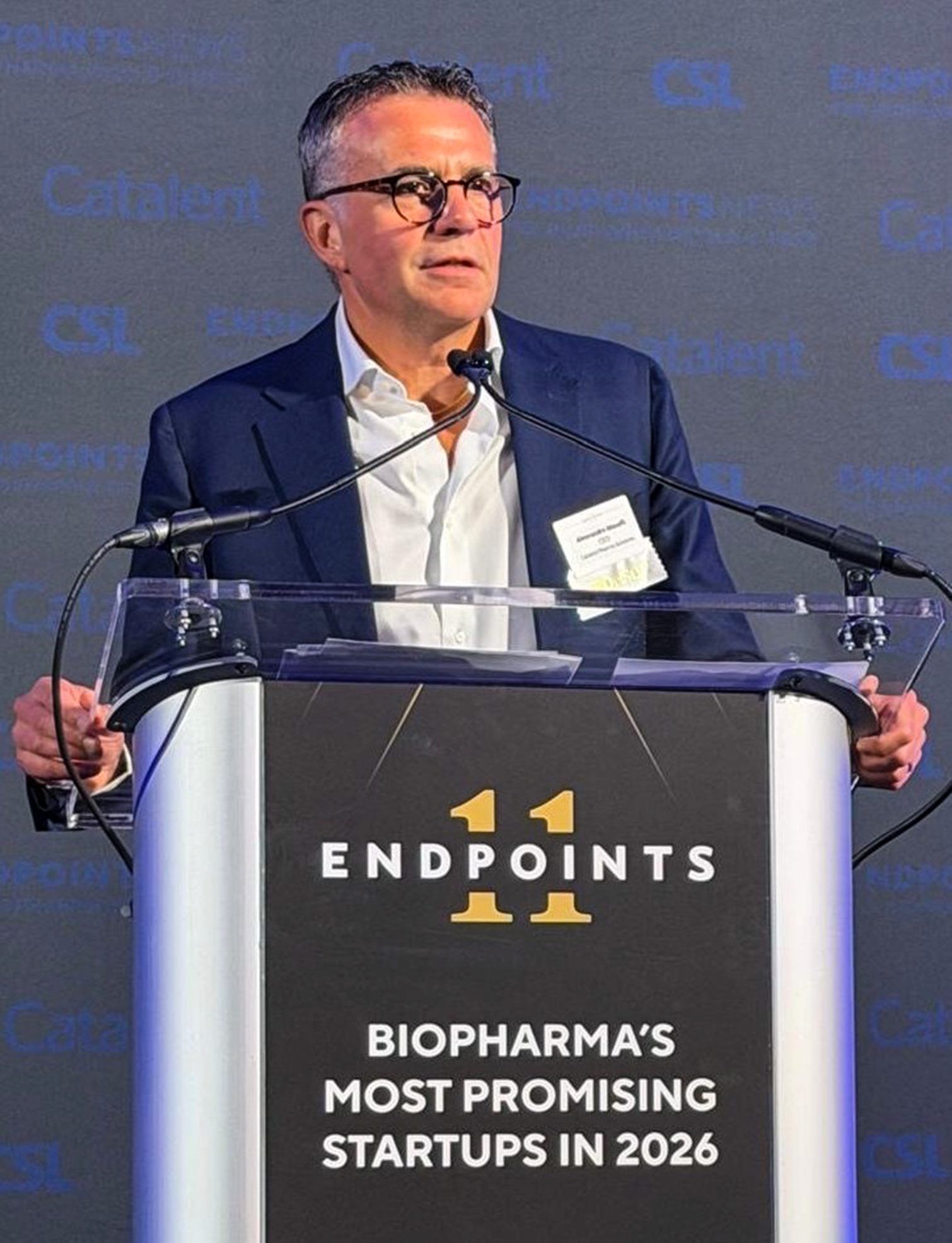 Alessandro Maselli speaking at the 2026 Endpoints 11 Awards