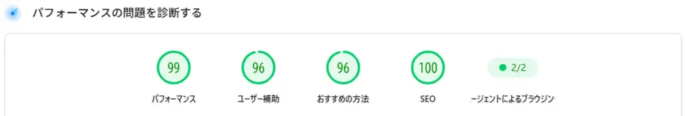 PageSpeed Insightsのモバイル計測結果。パフォーマンス99、SEO100