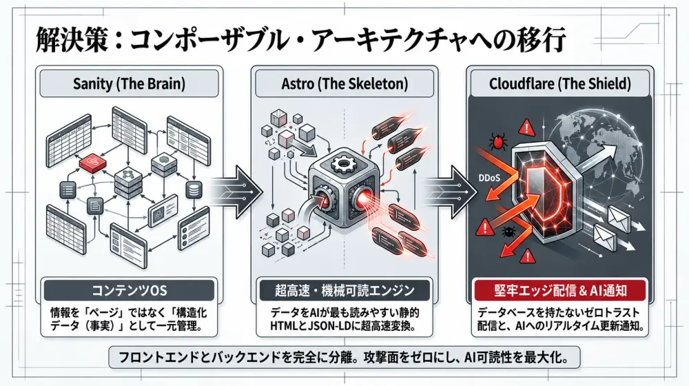 Sanity・Astro・Cloudflareの3つに役割を分けた構成図