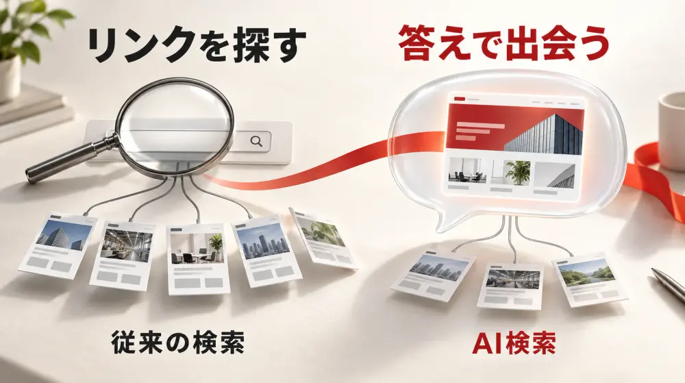 検索は「リンクの提示」から「直接回答」へ。従来型検索とAI検索の違いを示した図