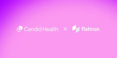 Flatiron Health and Candid Health logos on a pink gradient background