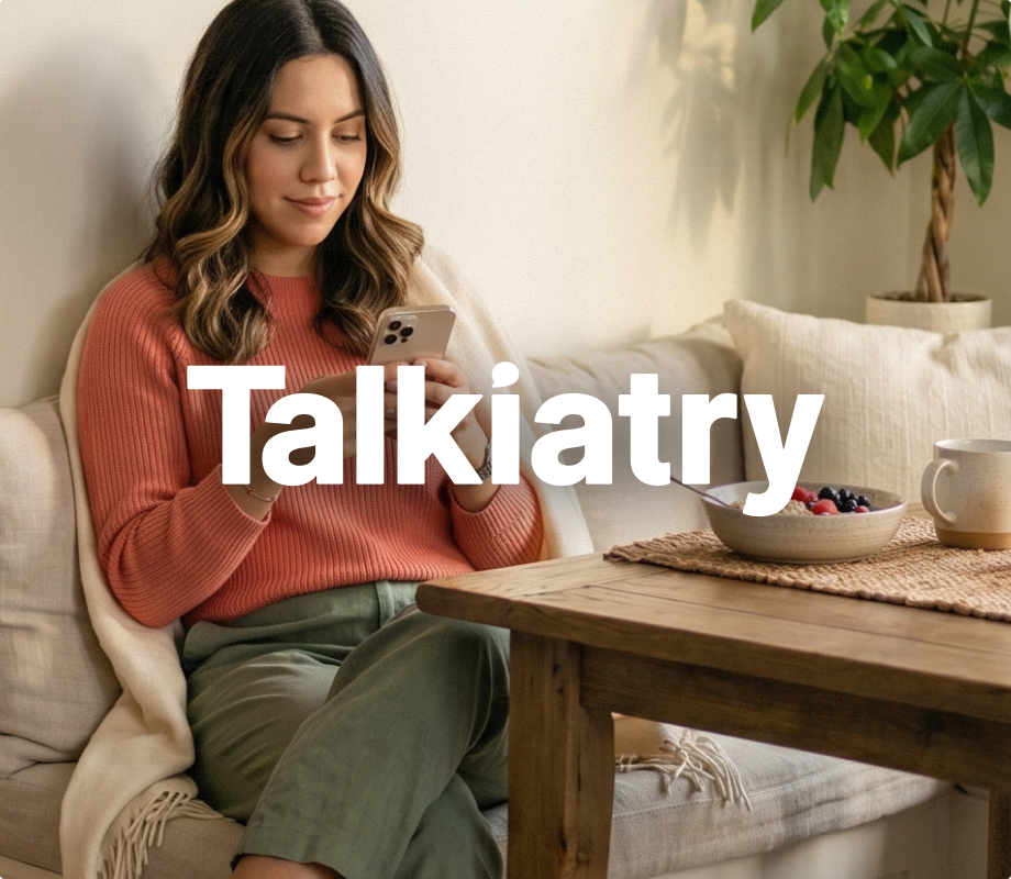 A woman in a cozy indoor setting looking at her phone, with the 'Talkiatry' logo text overlaid in bold white.​​​​‌﻿‍﻿​‍​‍‌‍﻿﻿‌﻿​‍‌‍‍‌‌‍‌﻿‌‍‍‌‌‍﻿‍​‍​‍​﻿‍‍​‍​‍‌﻿​﻿‌‍​‌‌‍﻿‍‌‍‍‌‌﻿‌​‌﻿‍‌​‍﻿‍‌‍‍‌‌‍﻿﻿​‍​‍​‍﻿​​‍​‍‌‍‍​‌﻿​‍‌‍‌‌‌‍‌‍​‍​‍​﻿‍‍​‍​‍‌‍‍​‌﻿‌​‌﻿‌​‌﻿​​​﻿‍‍​‍﻿﻿​‍﻿﻿‌‍﻿​‌‍﻿﻿‌‍​﻿‌‍​‌‌‍﻿​‌‍‍​‌‍﻿﻿‌﻿​﻿‌﻿‌​​﻿‍‍​﻿​﻿​﻿​﻿​﻿​﻿​﻿​﻿​‍﻿﻿‌‍‍‌‌‍﻿‍‌﻿‌​‌‍‌‌‌‍﻿‍‌﻿‌​​‍﻿﻿‌‍‌‌‌‍‌​‌‍‍‌‌﻿‌​​‍﻿﻿‌‍﻿‌‌‍﻿﻿‌‍‌​‌‍‌‌​﻿﻿‌‌﻿​​‌﻿​‍‌‍‌‌‌﻿​﻿‌‍‌‌‌‍﻿‍‌﻿‌​‌‍​‌‌﻿‌​‌‍‍‌‌‍﻿﻿‌‍﻿‍​﻿‍﻿‌‍‍‌‌‍‌​​﻿﻿‌​﻿​‌​﻿‍​​﻿​‍​﻿​‍‌‍‌‌​﻿‌‍‌‍​﻿‌‍‌‍​‍﻿‌​﻿‍‌‌‍​‍​﻿​‍​﻿​﻿​‍﻿‌​﻿‌​​﻿​﻿‌‍‌‌‌‍​﻿​‍﻿‌‌‍​‌‌‍‌‍‌‍‌​​﻿​﻿​‍﻿‌​﻿‍​‌‍​﻿‌‍​‍​﻿‌﻿​﻿‍​‌‍​‌​﻿​​​﻿​​​﻿​​​﻿‍​​﻿‍​‌‍​‌​﻿‍﻿‌﻿‌​‌﻿‍‌‌﻿​​‌‍‌‌​﻿﻿‌‌‍​﻿‌‍​‌‌﻿​﻿‌‍‌‌‌‌​﻿‌﻿‌​‌﻿‌‌‌‍‌​‌﻿‍‌​﻿‍﻿‌﻿​​‌‍​‌‌﻿‌​‌‍‍​​﻿﻿‌‌‍‍​‌‍‌‌‌﻿​‍‌‍﻿﻿‌​‍‌‌‍﻿‌‌‍​‌‌‍‌﻿‌‍‌‌​‍﻿‍‌‍​‌‌‍﻿​‌﻿‌​‌‌‌​‌‍‌‌‌﻿‍​‌﻿‌​​﻿﻿﻿‌‍​‍‌‍​‌‌﻿​﻿‌‍‌‌‌‌‌‌‌﻿​‍‌‍﻿​​﻿﻿‌‌‍‍​‌﻿‌​‌﻿‌​‌﻿​​​‍‌‌​﻿​﻿‌​​‌​‍‌‌​﻿​‍‌​‌‍​‍‌‌​﻿​‍‌​‌‍‌‍﻿​‌‍﻿﻿‌‍​﻿‌‍​‌‌‍﻿​‌‍‍​‌‍﻿﻿‌﻿​﻿‌﻿‌​​‍‌‌​﻿​﻿‌​​‌​﻿​﻿​﻿​﻿​﻿​﻿​﻿​﻿​‍‌‍‌‍‍‌‌‍‌​​﻿﻿‌​﻿​‌​﻿‍​​﻿​‍​﻿​‍‌‍‌‌​﻿‌‍‌‍​﻿‌‍‌‍​‍﻿‌​﻿‍‌‌‍​‍​﻿​‍​﻿​﻿​‍﻿‌​﻿‌​​﻿​﻿‌‍‌‌‌‍​﻿​‍﻿‌‌‍​‌‌‍‌‍‌‍‌​​﻿​﻿​‍﻿‌​﻿‍​‌‍​﻿‌‍​‍​﻿‌﻿​﻿‍​‌‍​‌​﻿​​​﻿​​​﻿​​​﻿‍​​﻿‍​‌‍​‌​‍‌‍‌﻿‌​‌﻿‍‌‌﻿​​‌‍‌‌​﻿﻿‌‌‍​﻿‌‍​‌‌﻿​﻿‌‍‌‌‌‌​﻿‌﻿‌​‌﻿‌‌‌‍‌​‌﻿‍‌​‍‌‍‌﻿​​‌‍​‌‌﻿‌​‌‍‍​​﻿﻿‌‌‍‍​‌‍‌‌‌﻿​‍‌‍﻿﻿‌​‍‌‌‍﻿‌‌‍​‌‌‍‌﻿‌‍‌‌​‍﻿‍‌‍​‌‌‍﻿​‌﻿‌​‌‌‌​‌‍‌‌‌﻿‍​‌﻿‌​​‍‌‍‌﻿​​‌‍‌‌‌﻿​‍‌﻿​﻿‌﻿​​‌‍‌‌‌‍​﻿‌﻿‌​‌‍‍‌‌﻿‌‍‌‍‌‌​﻿﻿‌‌﻿​​‌﻿‌‌‌‍​‍‌‍﻿​‌‍‍‌‌﻿​﻿‌‍‍​‌‍‌‌‌‍‌​​‍​‍‌﻿﻿‌