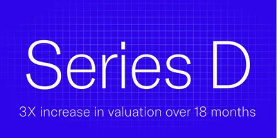Graphic in Candid Health's signature blue with the words "Series D, 3x increase in valuation over 18 months" on it