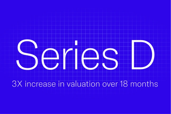 Graphic in Candid Health's signature blue with the words "Series D, 3x increase in valuation over 18 months" on it