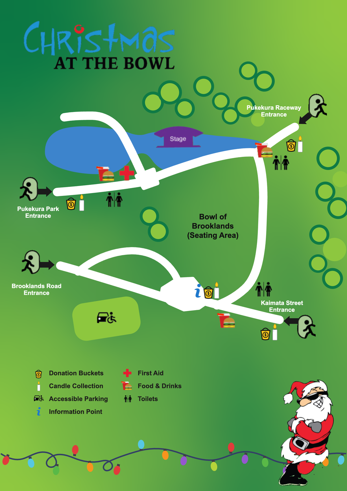 Christmas at the Bowl event map: the four entrances, the stage and seating area, toilets, food and drinks, first aid, donation buckets, candle collection, accessible parking and the information point