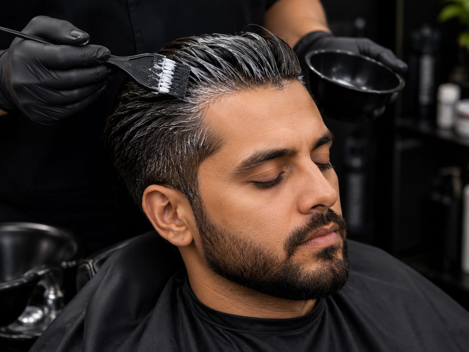 Hair colour being brushed through the top of a man's hair