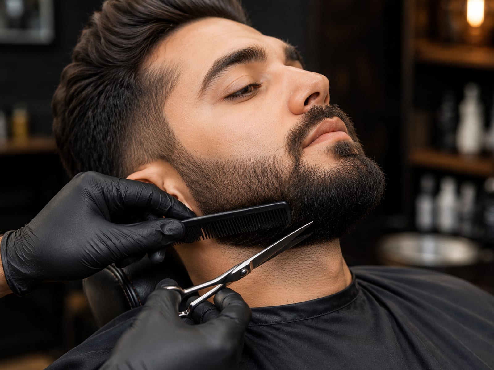 A beard being shaped along the jawline with scissors and comb