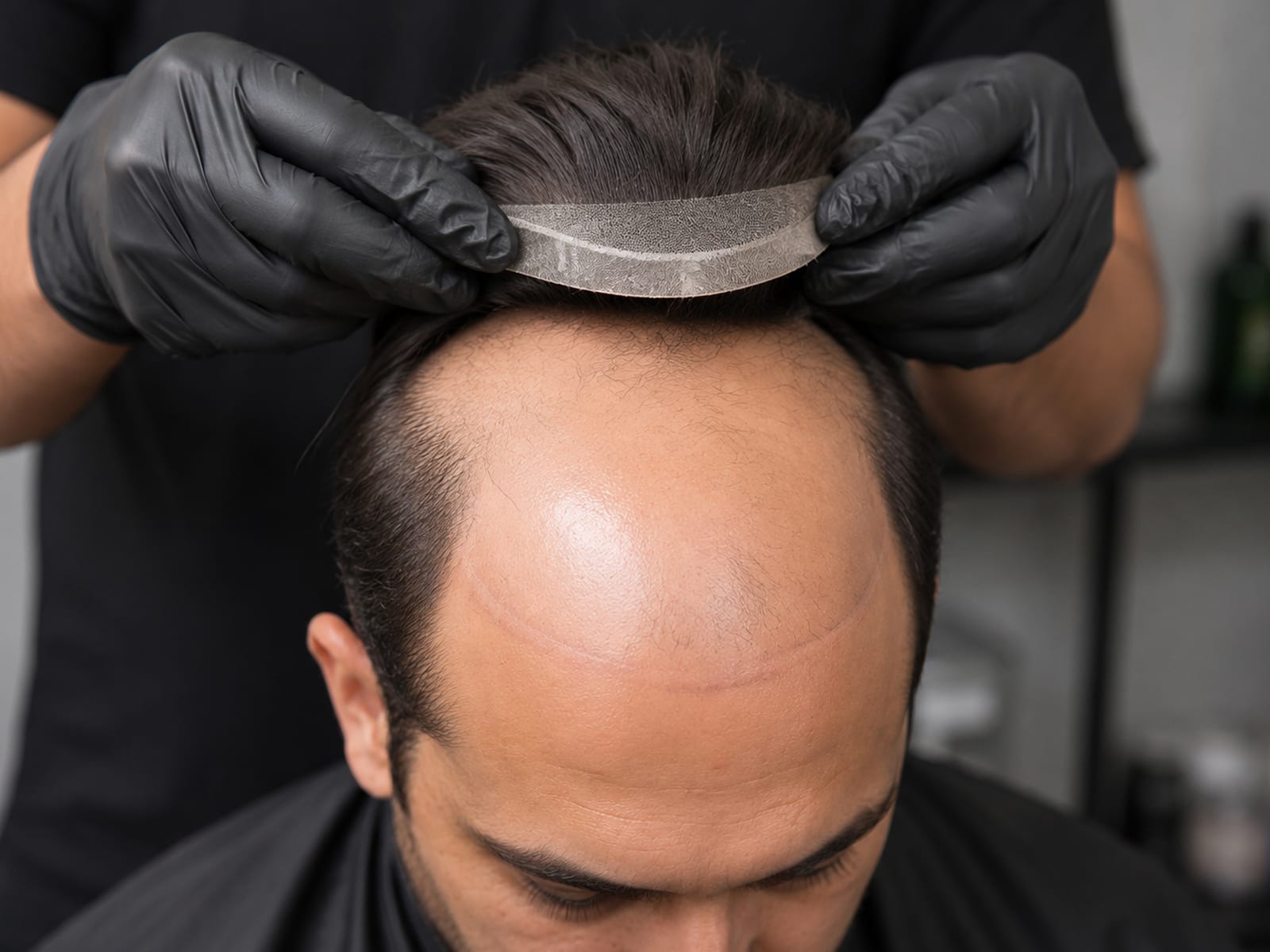A hair patch being positioned at the hairline over a thinning scalp
