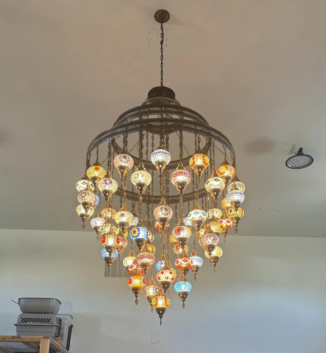 Large Turkish mosaic glass chandelier with dozens of colorful globes