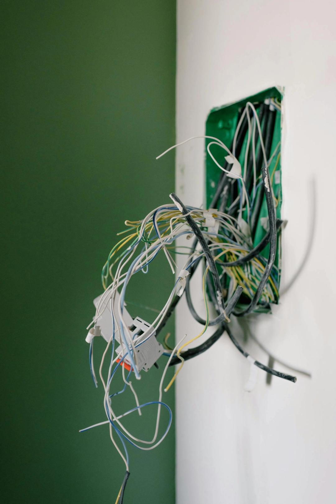 A bundle of loose wires pulled out of an open box in a green and white wall