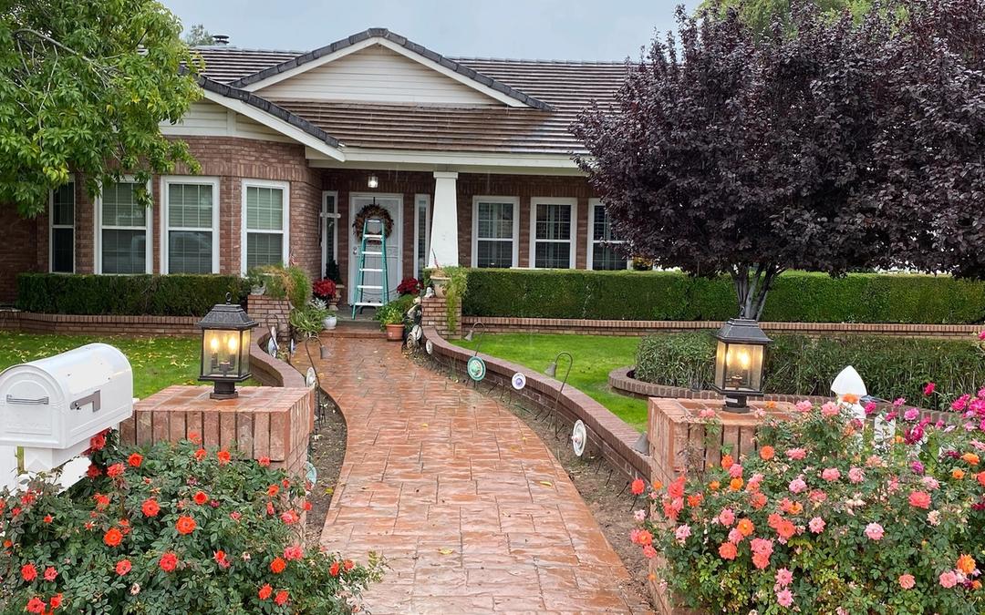 Lamp posts lighting a brick front walk lined with roses