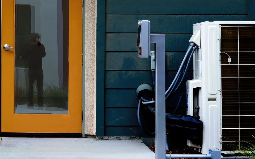 An outdoor air conditioning unit and a charging post beside the front door of a dark-sided home