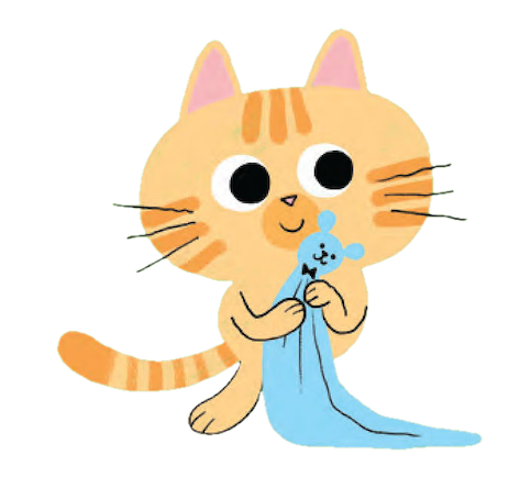 Whimsical illustration by Aki of an orange striped cat holding a blue blanket, rendered in a simple, playful style with bold lines