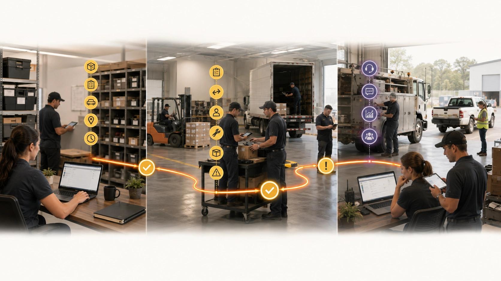 Launch for Adoption and Improvement visual for Warehouse Management showing workflow, data and responsible system control | Flashyminds