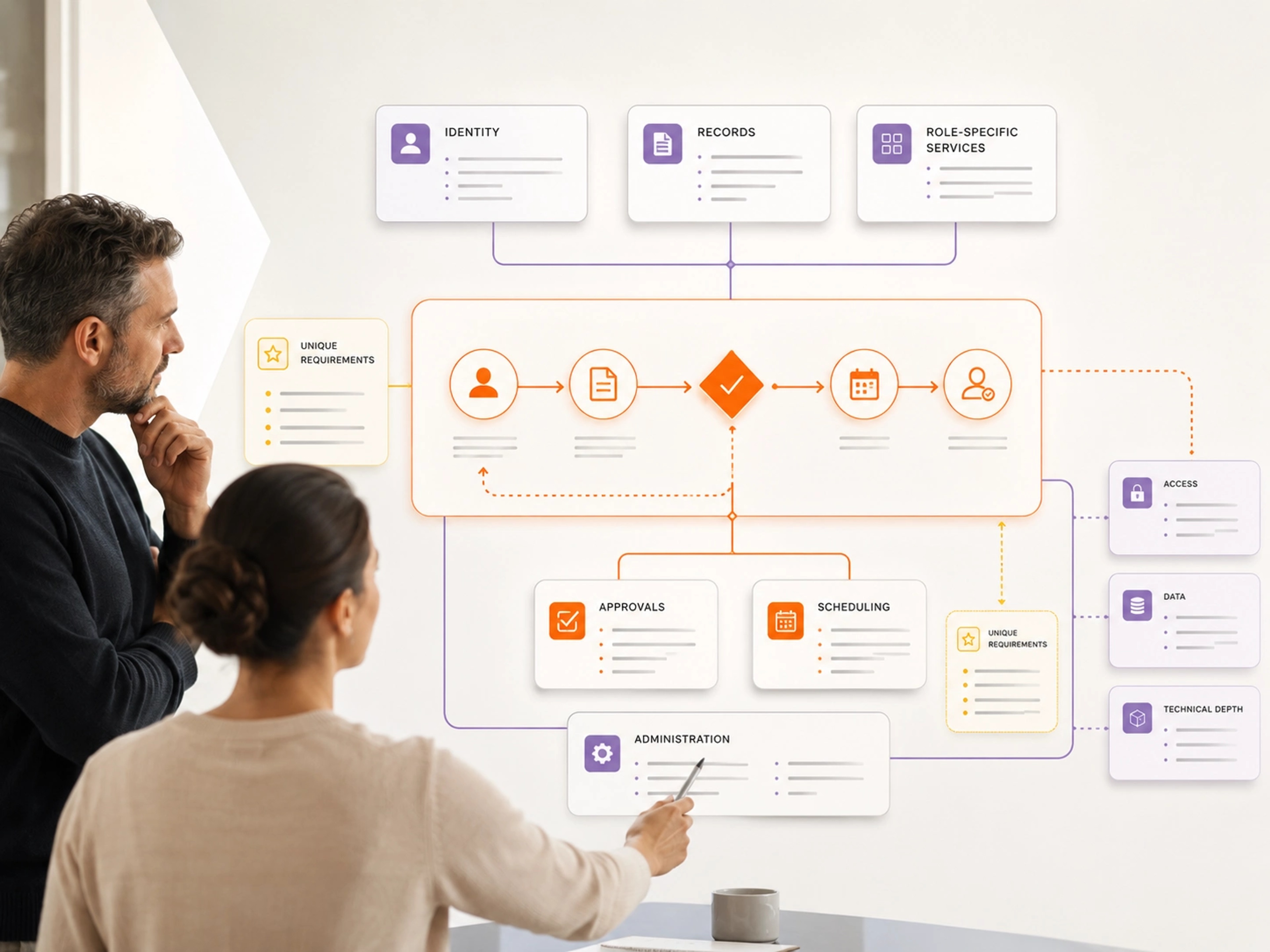 Develop a Custom System visual showing hr management system workflows, system connections and accountable operating control | Flashyminds