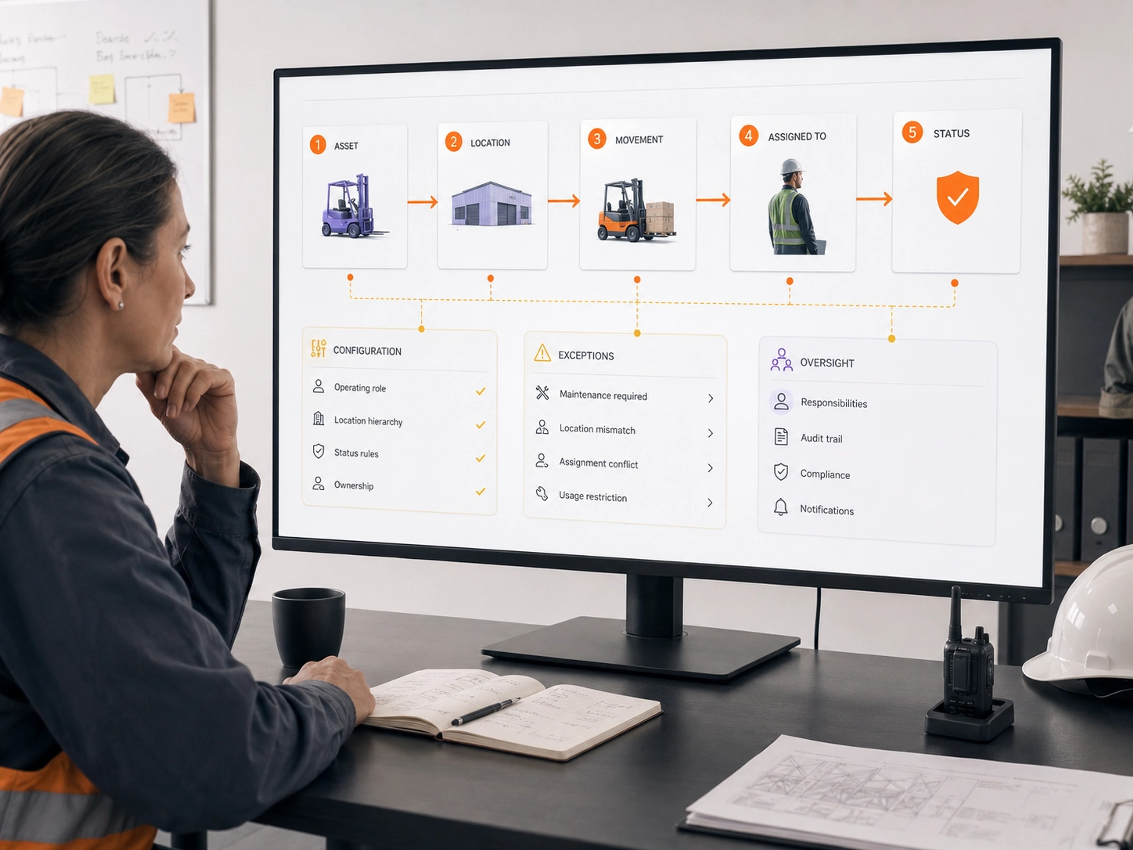 Develop a Custom System visual showing warehouse management workflows, system connections and accountable operating control | Flashyminds