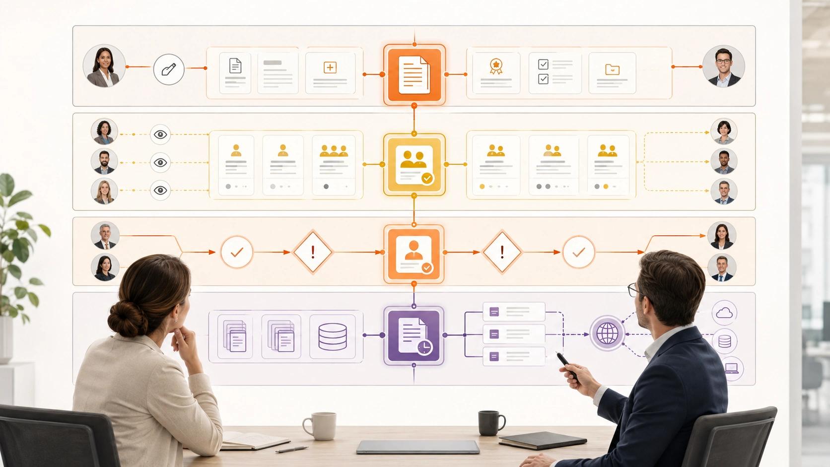 Design Data, Access and Controls visual for Document Management showing workflow, data and responsible system control | Flashyminds