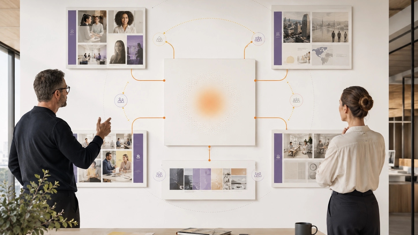 Prioritise Real Questions visual showing recurring team questions organised into a prioritised brand guideline information architecture | Flashyminds