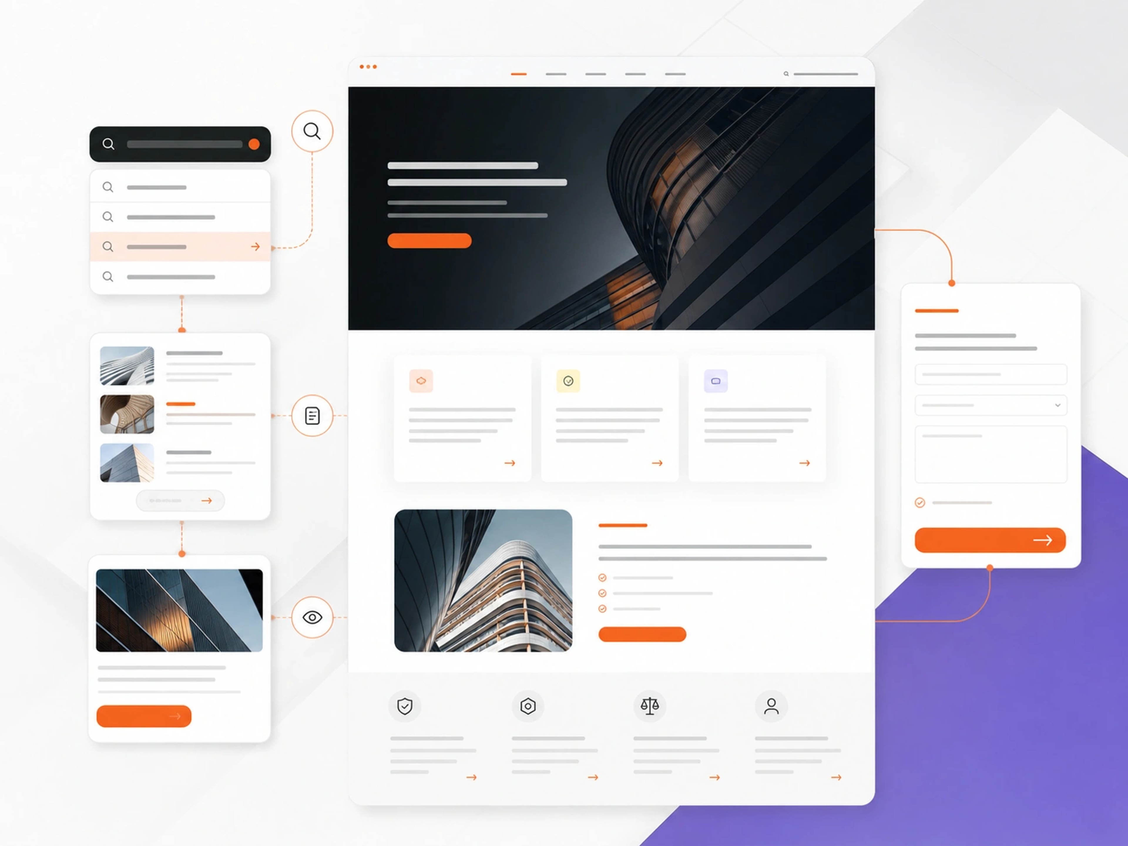 Marketing Websites visual showing structured website interface connected to search and enquiry paths | Web Development Company for Marketing Websites