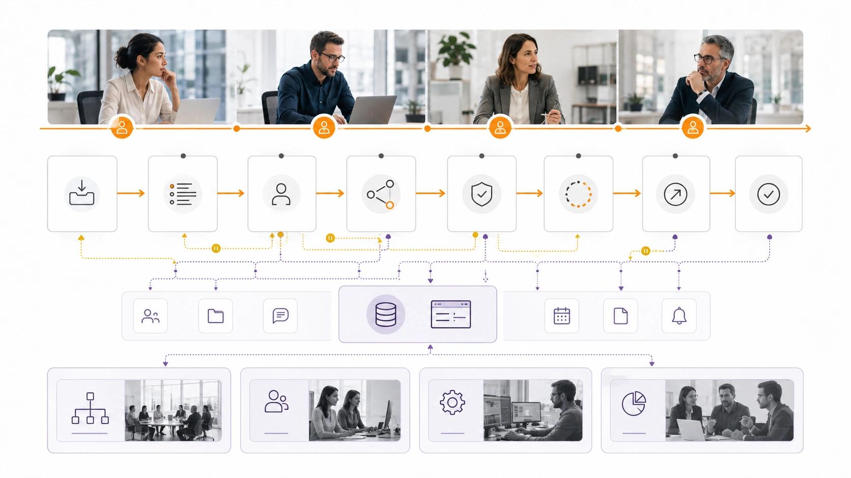 Launch for Adoption and Improvement visual for Project Management showing workflow, data and responsible system control | Flashyminds