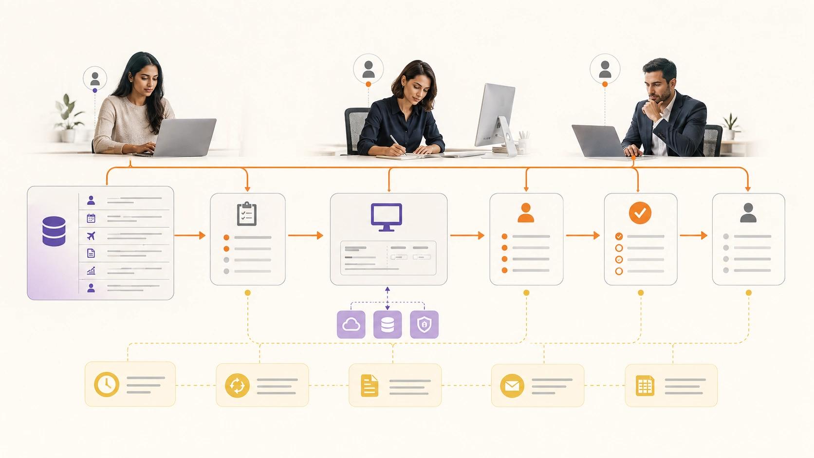 Design Data, Access and Controls visual for HR Management System showing workflow, data and responsible system control | Flashyminds