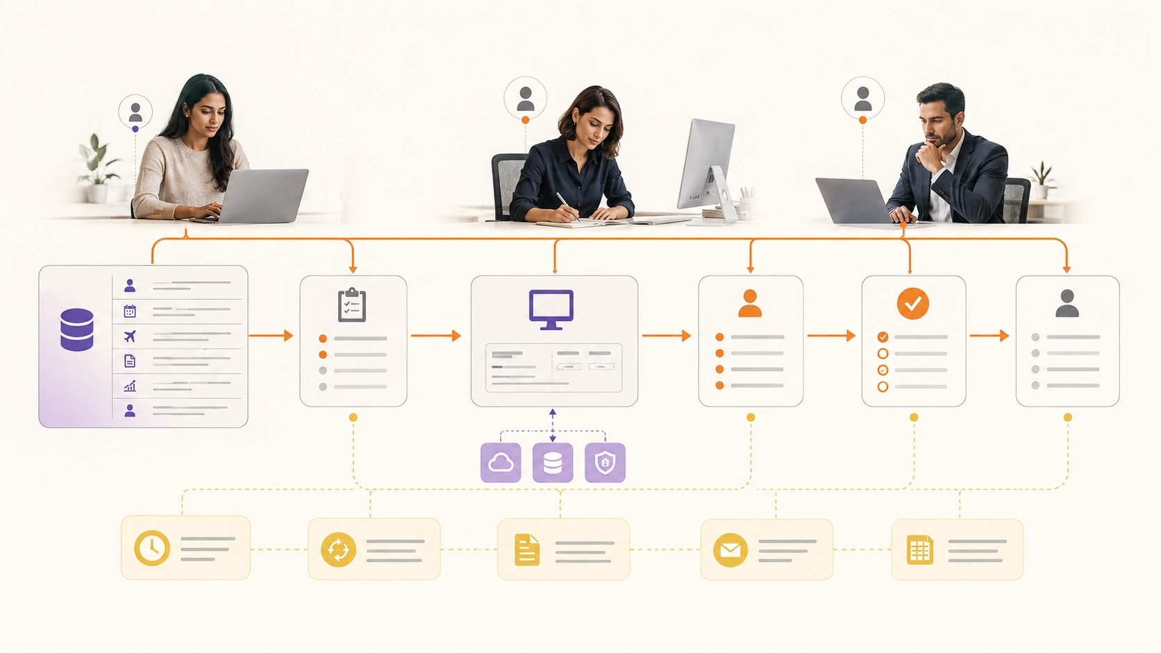 Design Data, Access and Controls visual for HR Management System showing workflow, data and responsible system control | Flashyminds