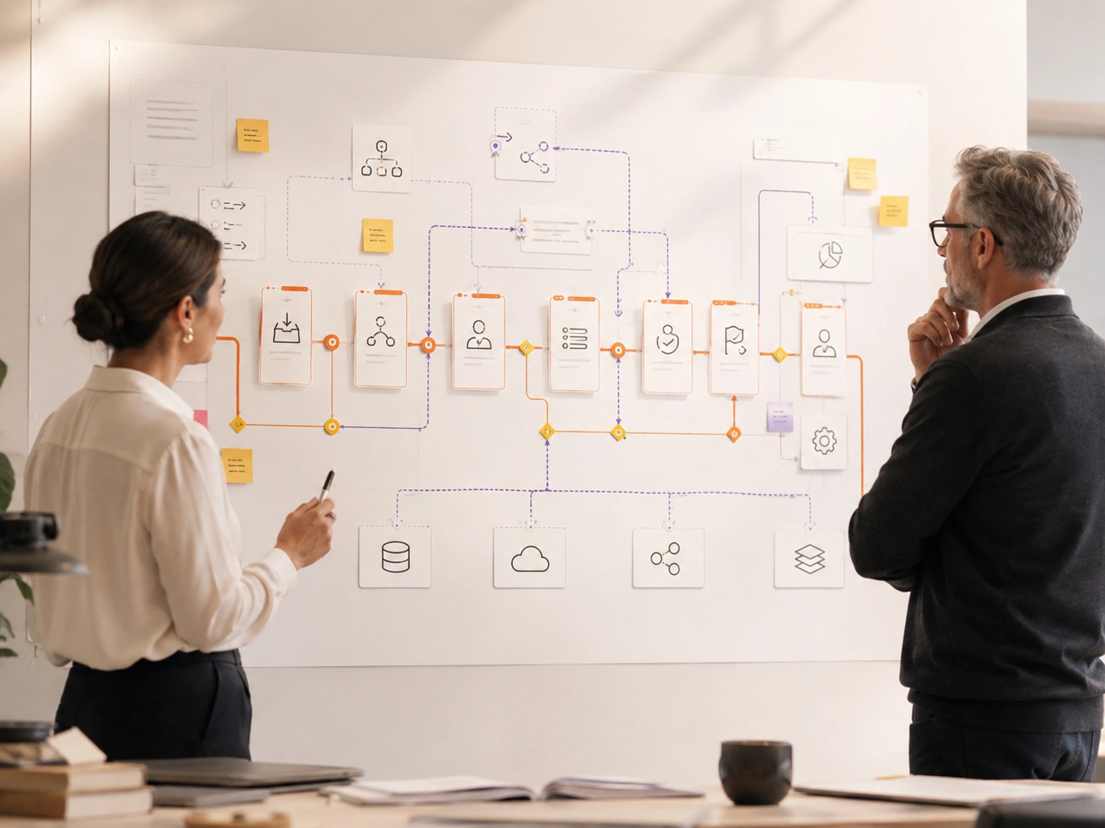 Implement a Suitable Platform visual showing project management workflows, system connections and accountable operating control | Flashyminds